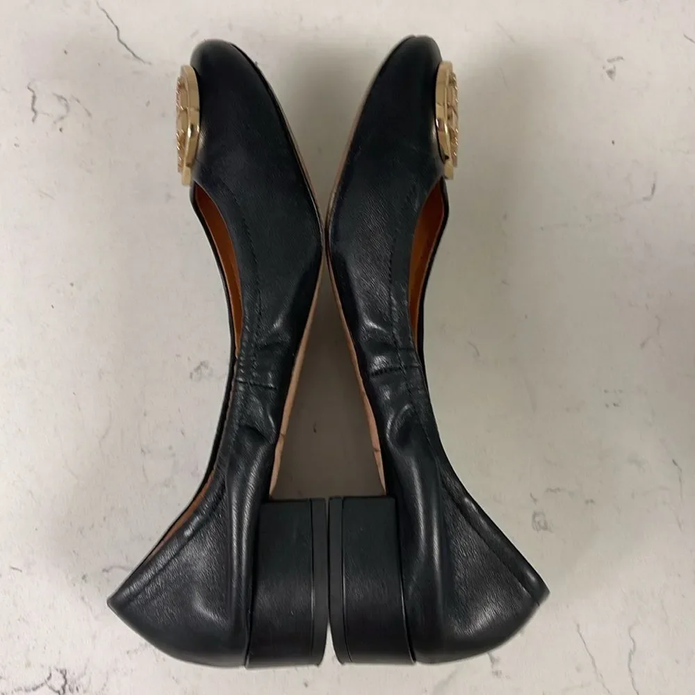 Tory Burch Benton 2 Nappa Leather Shoes Size 6.5 Black Leather Ballet Style